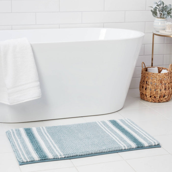 20"x34" Low Chenille Memory Foam Bath Rug Aqua Stripe - Threshold™