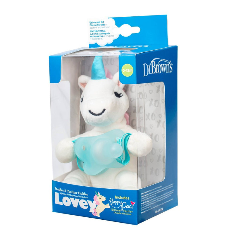 Dr. Brown's Lovey Pacifier and Teether Holder with HappyPaci Silicone Pacifier- Unicorn - 0-6 Months