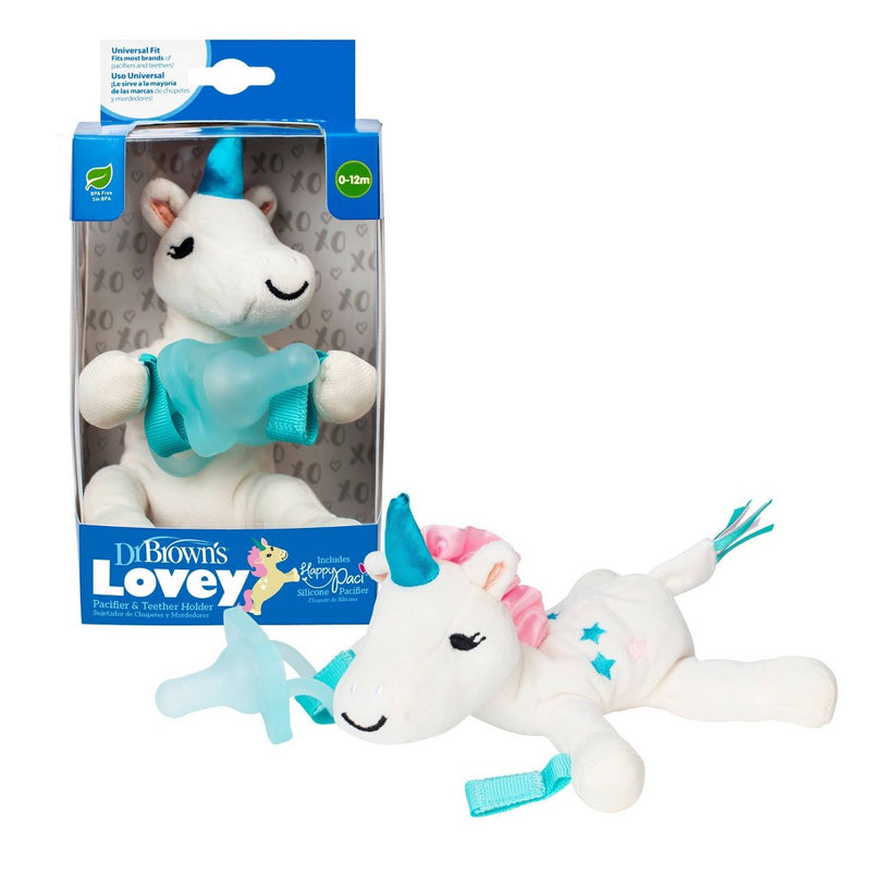 Dr. Brown's Lovey Pacifier and Teether Holder with HappyPaci Silicone Pacifier- Unicorn - 0-6 Months