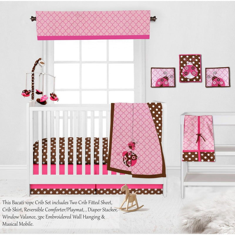 Bacati - Ladybugs Pink Chocolate 10 pc Crib Bedding Set with 2 Crib Fitted Sheets