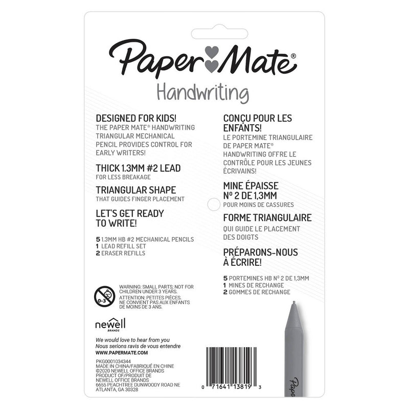 Paper Mate Handwriting 5pk #2 Mechanical Pencils with Eraser and Refill 1.3mm Assorted Colors