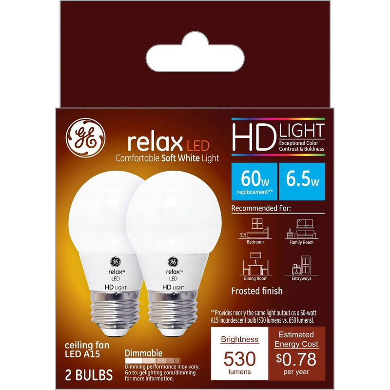 GE 2pk 5.5W 60W Equivalent Relax LED Ceiling Fan Light Bulbs Soft White