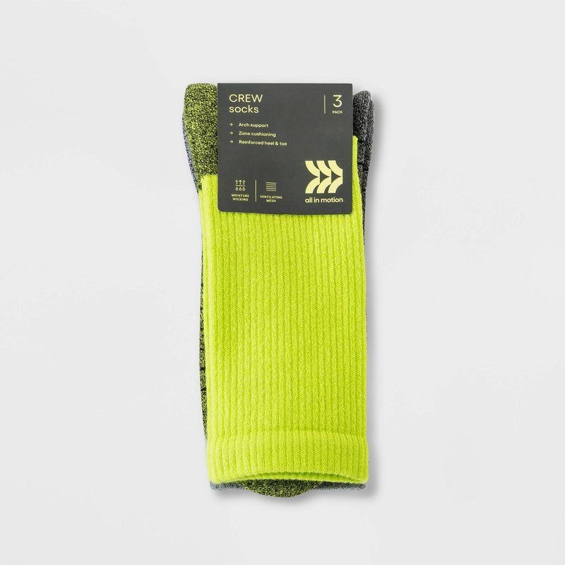 Men's Crew Socks 3pk - All in Motion™ Lime Green/Gray/Black 6-12