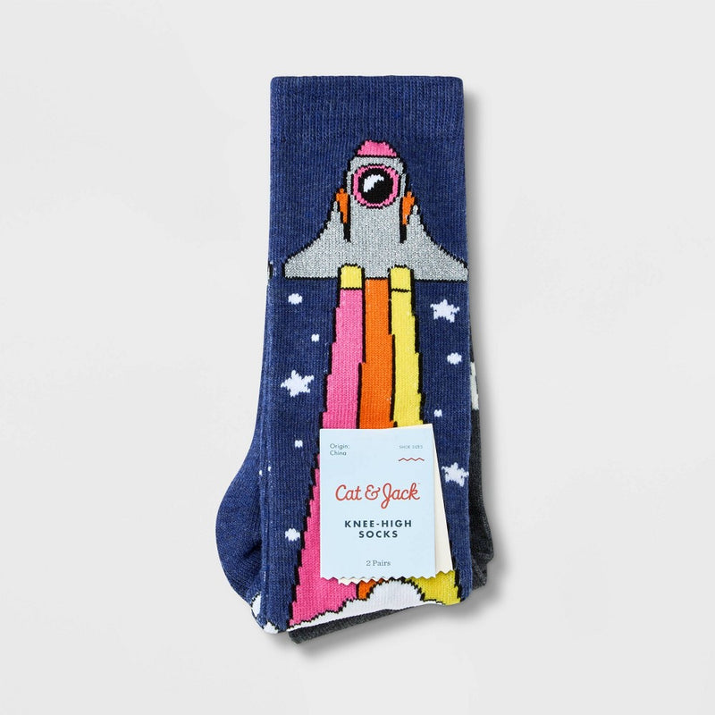 Girls' 2pk Knee High Rocketship Socks - Cat & Jack™ Blue Denim S