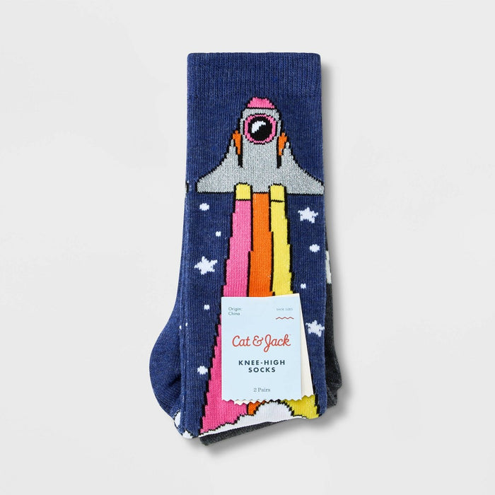 Girls' 2pk Knee High Rocketship Socks - Cat & Jack™ Blue Denim S