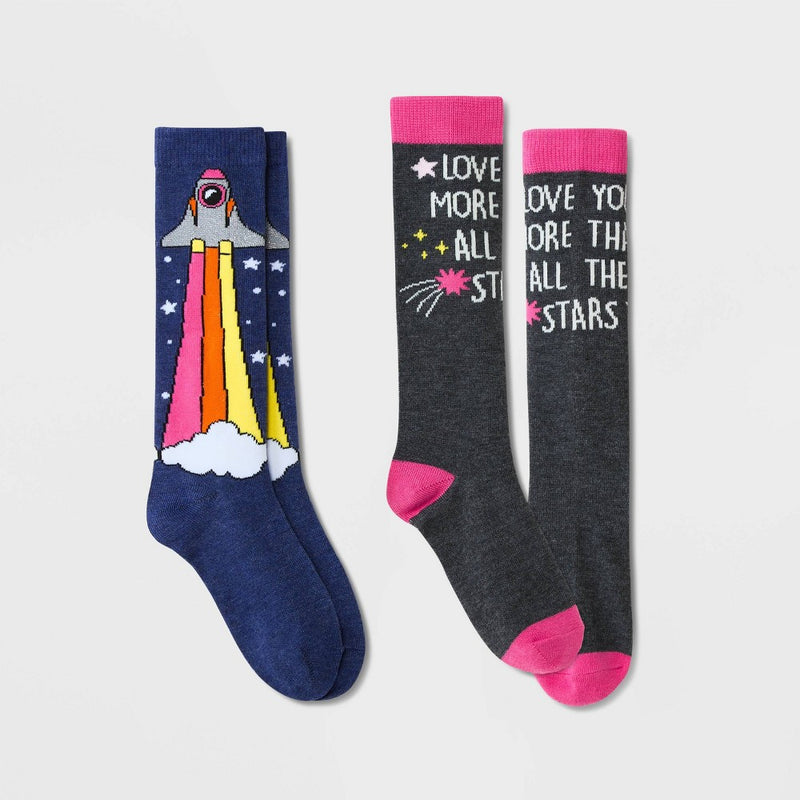 Girls' 2pk Knee High Rocketship Socks - Cat & Jack™ Blue Denim S