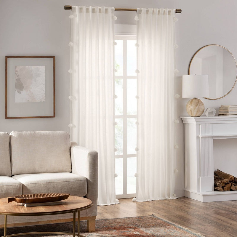 1pc 50"x84" Light Filtering Ardmore Pom Pom Light Window Curtain Panel Off White - Mercantile