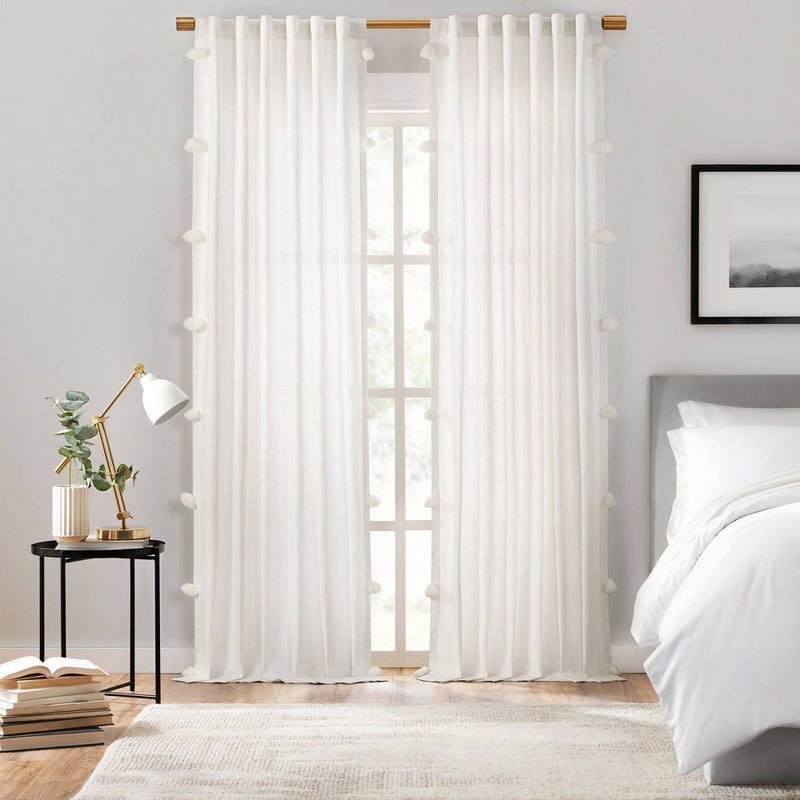 1pc 50"x84" Light Filtering Ardmore Pom Pom Light Window Curtain Panel Off White - Mercantile