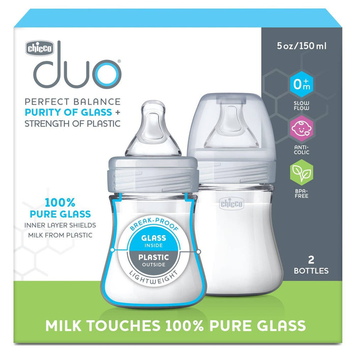 Chicco 2pk Duo Hybrid Baby Bottle with Invinci-Glass Inside/Plastic Outside with Slow Flow Anti-Colic Nipple - Clear/Gray - 5oz