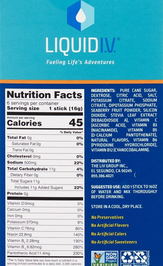 Liquid I.V. Hydration Multiplier Seaberry, 6 Sticks Packs Exp. 01/2025