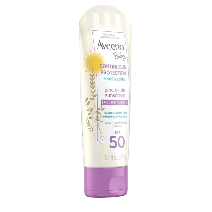 Aveeno Baby Continuous Protection Sensitive - Zinc Oxide with Broad Spectrum Skin Lotion Sunscreen - SPF 50 - 3 fl oz