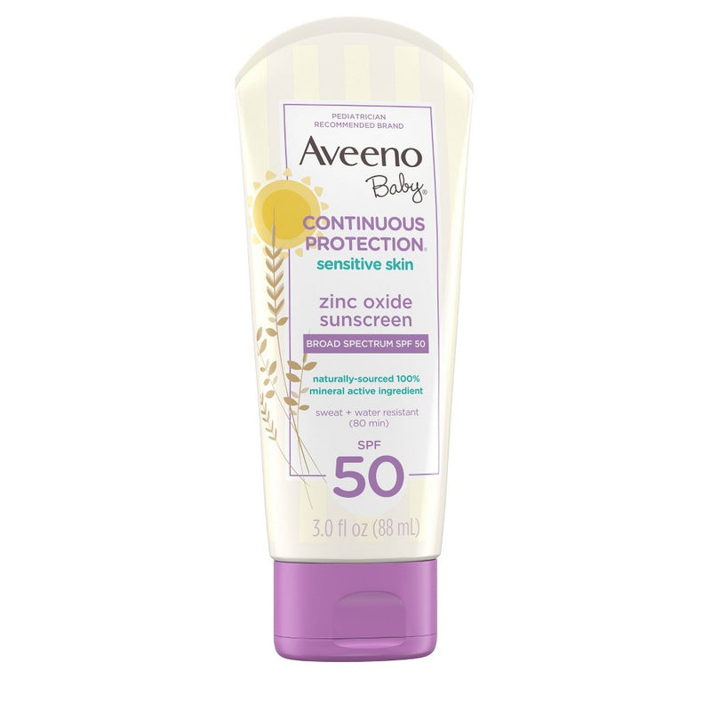 Aveeno Baby Continuous Protection Sensitive - Zinc Oxide with Broad Spectrum Skin Lotion Sunscreen - SPF 50 - 3 fl oz