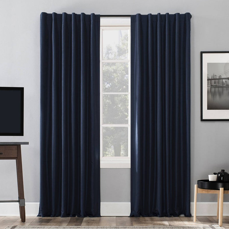84"x50" Evelina Faux Dupioni Silk Thermal Extreme 100% Blackout Back Tab Curtain Panel Navy - Sun Zero