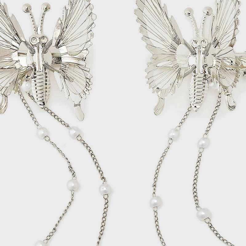 Moving Butterfly with Pearl Tassel Hair Clip Set 2pc - Wild Fable™ Silver