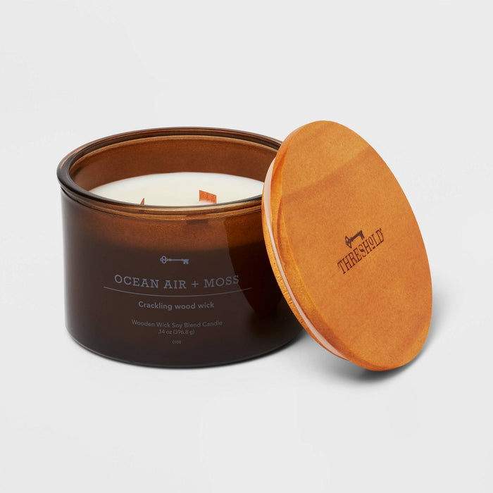 14oz Lidded Amber Glass Jar Crackling Wooden 3-Wick Ocean Air and Moss Candle - Threshold™