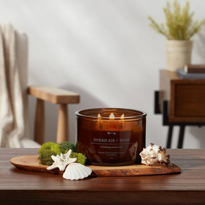 14oz Lidded Amber Glass Jar Crackling Wooden 3-Wick Ocean Air and Moss Candle - Threshold™