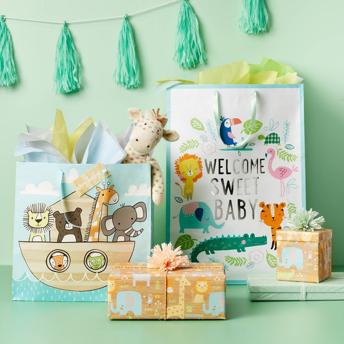 8x2.5' Baby Animals on Woodgrain Baby Shower Gift Wrapping Paper - Spritz™