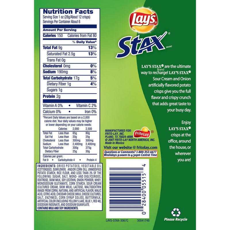Lay's Stax Sour Cream & Onion Potato Chips - 5.5oz