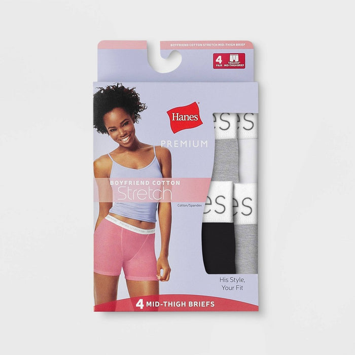 Hanes Premium Women's 4pk Cotton Mid-Thigh with Comfortsoft Waistband Boxer Briefs - Basic Pack White/Gray/Black M