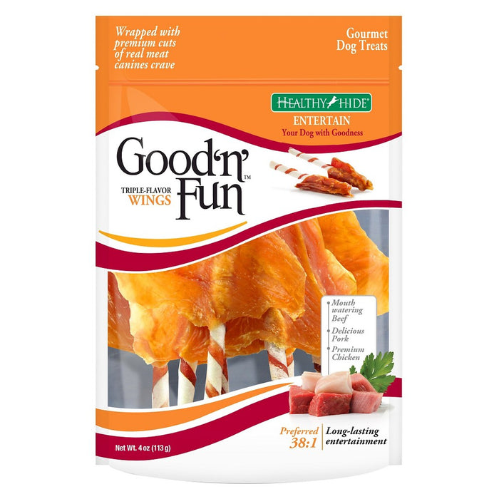 Good 'n' Fun Triple Flavor Wings Rawhide Beef, Chicken and Pork Flavor Dog Treats - 4oz