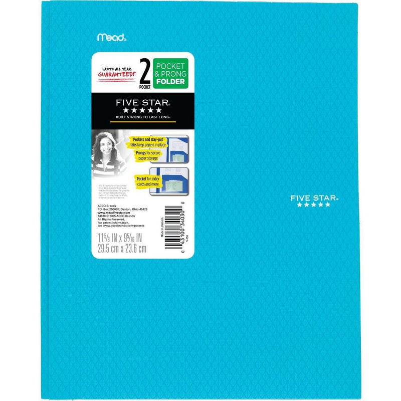 Five Star 2 Pocket Plastic Folder with Prongs (Colors May Vary)