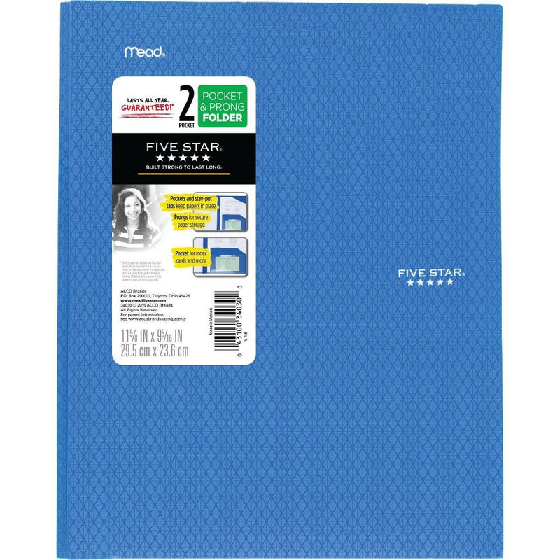 Five Star 2 Pocket Plastic Folder with Prongs (Colors May Vary)
