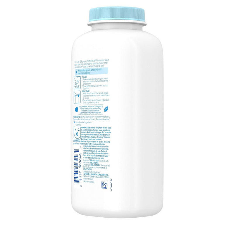 Johnson's Naturally Derived Cornstarch Baby Powder, Aloe & Vitamin E, Hypoallergenic - 9oz