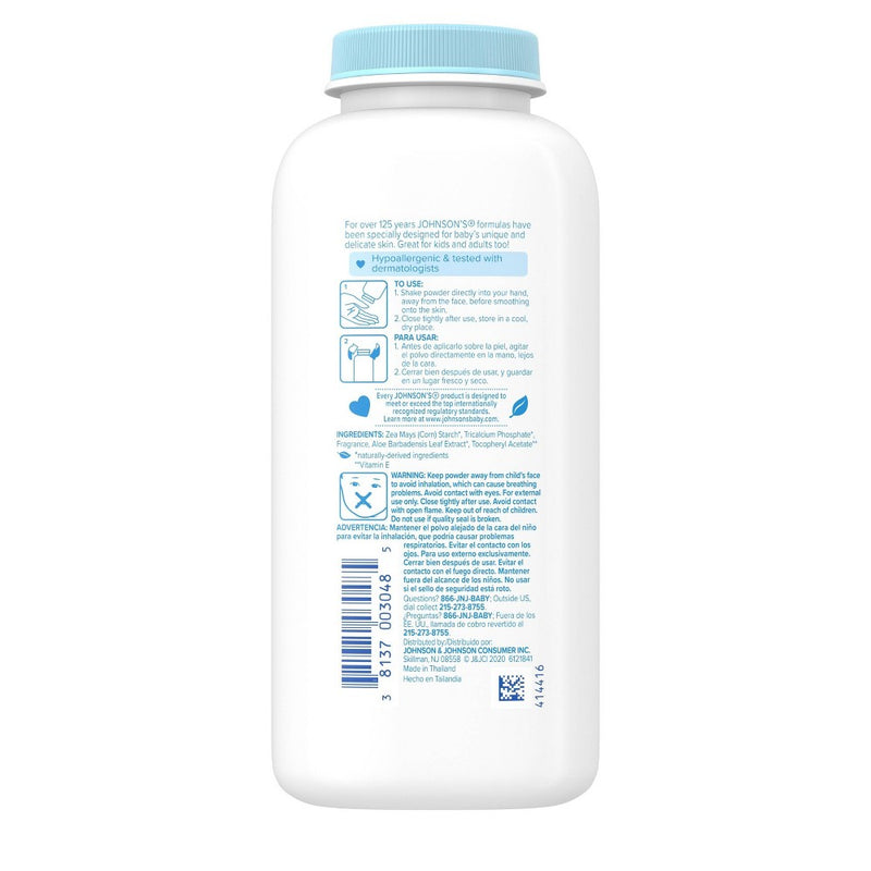 Johnson's Naturally Derived Cornstarch Baby Powder, Aloe & Vitamin E, Hypoallergenic - 9oz