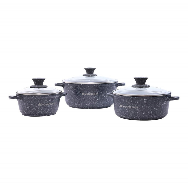 Wonderchef Granite Die Pots Cast Non Stick Sauce Pan 6 Piece Casserole Set Pots With Lids | Cooking/Stock Pots Set | Gas/Induction Compatible | Dishwasher Safe | Soft Touch Handles | 3.5Mm Thick