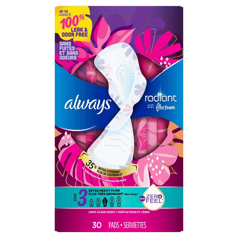 Always Radiant Extra Heavy Flow Absorbency with Flex Foam Pads - Scented - Size 3 - Size 3 - 30ct