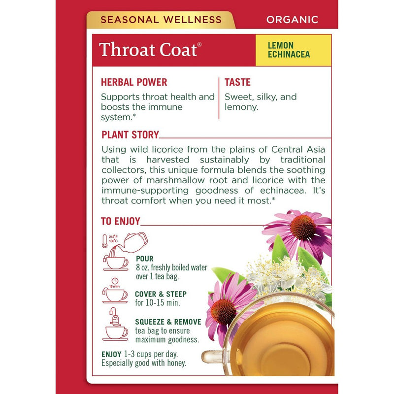 Traditional Medicinals Organic Throat Coat Lemon Echinacea Herbal Tea - 16ct