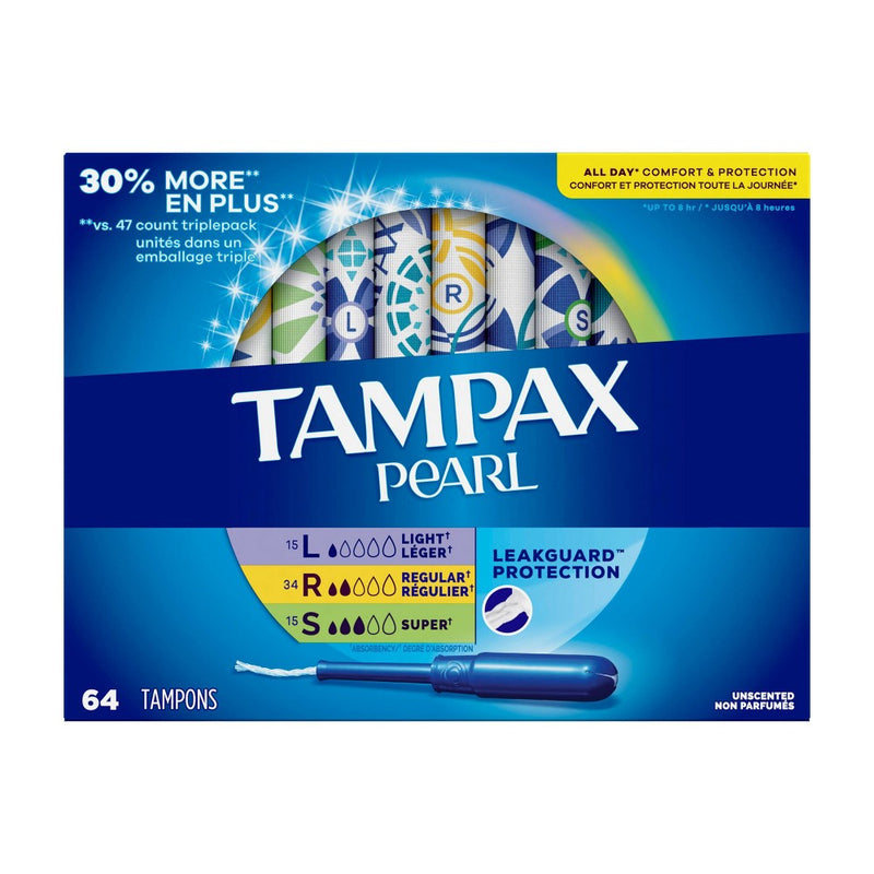 Tampax Pearl Tampons Trio Pack with Plastic Applicator and LeakGuard Braid - Light/Regular/Super Absorbency - Unscented - 64ct