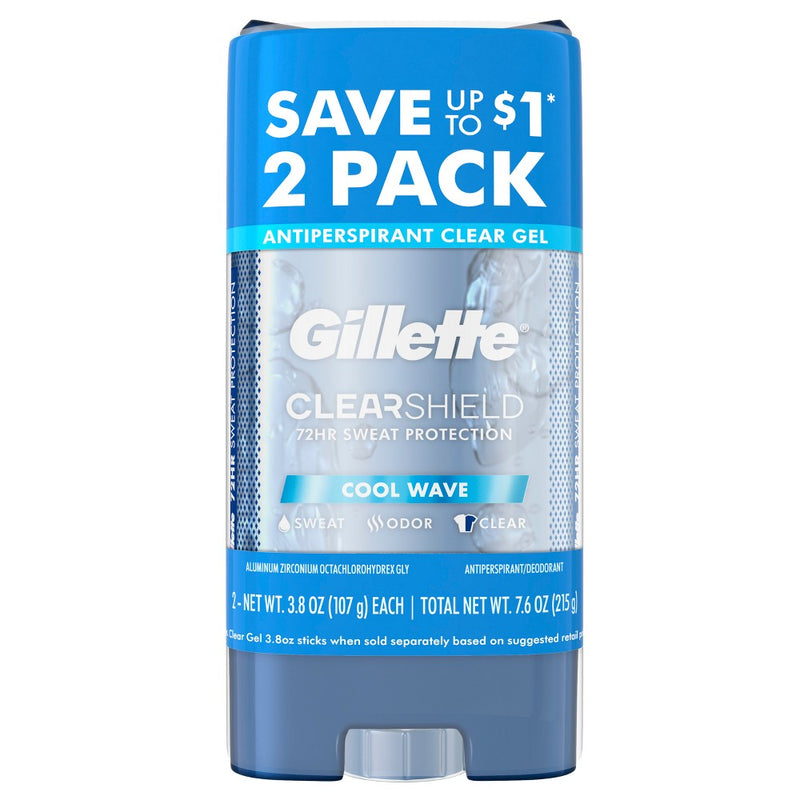 Gillette Antiperspirant Deodorant for Men, Clear Gel, Cool Wave, 72 Hours Sweat Protection - 3.8oz/2 Pack
