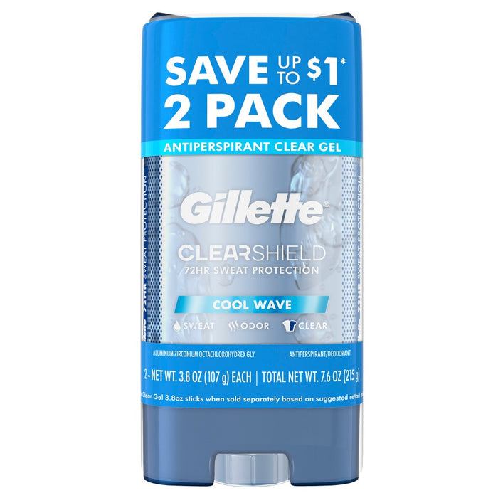 Gillette Antiperspirant Deodorant for Men, Clear Gel, Cool Wave, 72 Hours Sweat Protection - 3.8oz/2 Pack