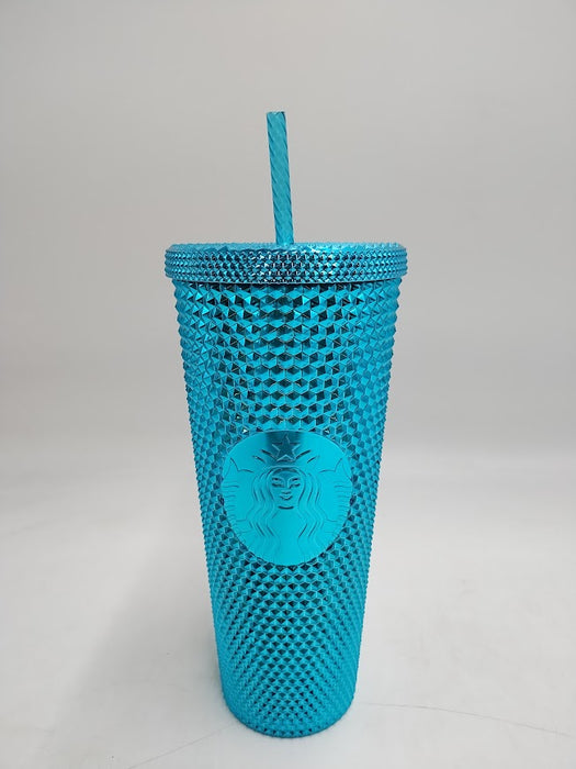 Starbucks Summer 2023 Metallic Chrome Teal Blue Bling Studded 24 oz. Tumbler