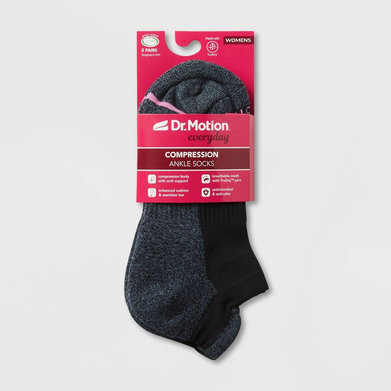 Dr. Motion Women's 2pk Mild Compression Ankle Socks - Black 4-10