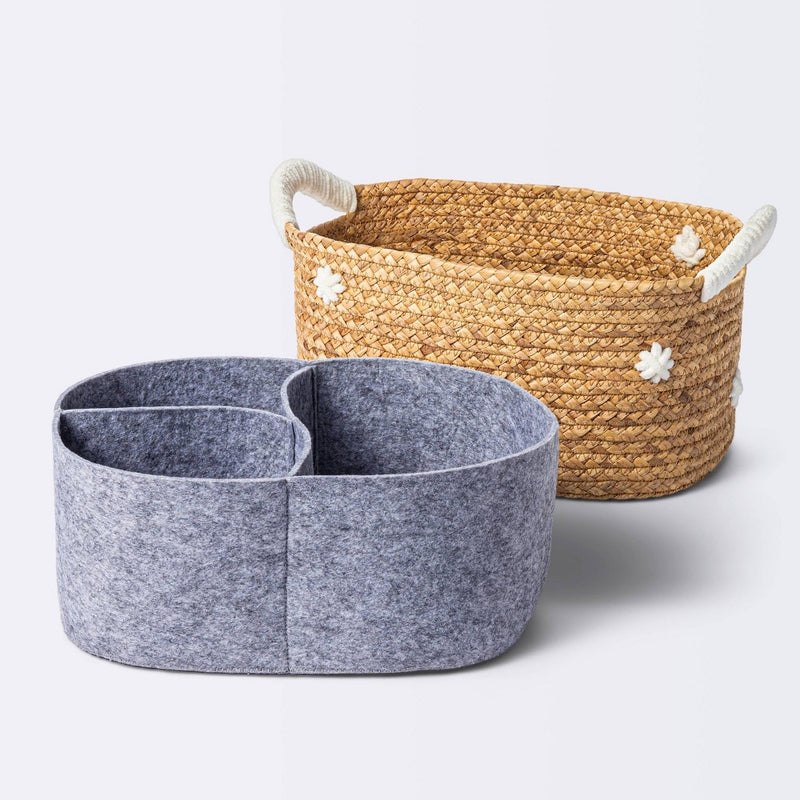 Braided Water Hyacinth with Tufted Embroidery Diaper Caddy Basket - Cloud Island™
