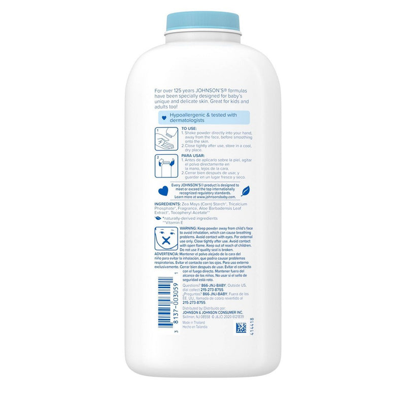 Johnson's Naturally Derived Cornstarch Baby Powder, Aloe & Vitamin E for Delicate Skin - 22oz