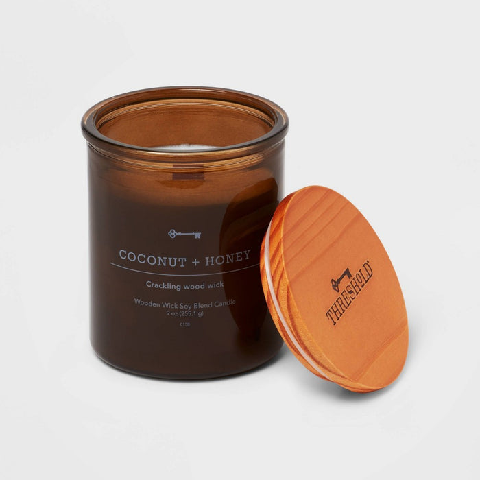 9oz Lidded Glass Jar Crackling Wooden Wick Candle Coconut and Honey - Threshold