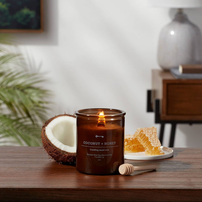 9oz Lidded Glass Jar Crackling Wooden Wick Candle Coconut and Honey - Threshold