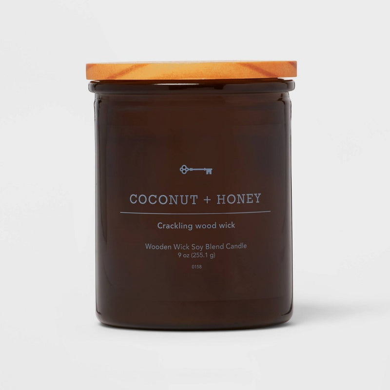 9oz Lidded Glass Jar Crackling Wooden Wick Candle Coconut and Honey - Threshold