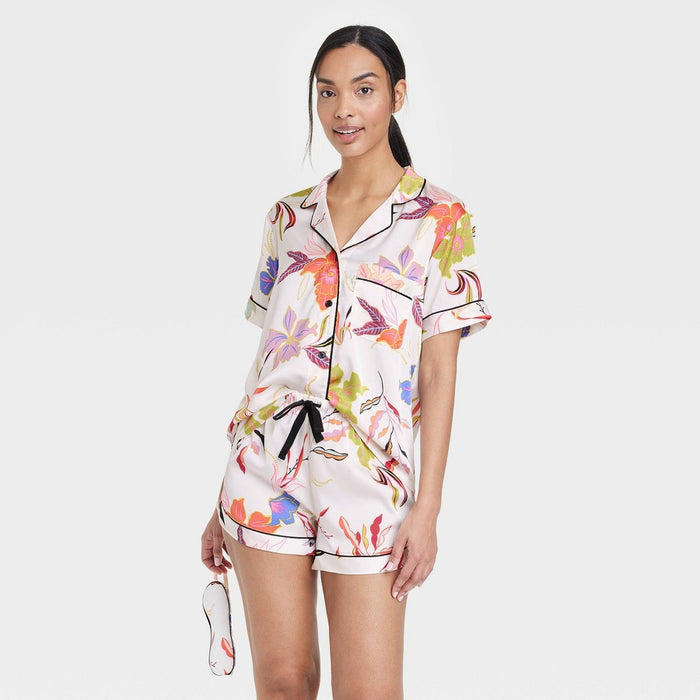 Women's 3pc Satin Notch Collar and Shorts Pajama Set - Stars Above Cream XS