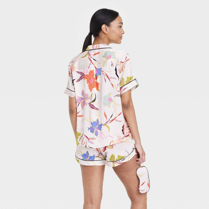 Women's 3pc Satin Notch Collar and Shorts Pajama Set - Stars Above Cream XS