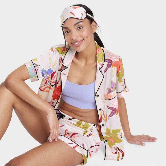 Women's 3pc Satin Notch Collar and Shorts Pajama Set - Stars Above Cream XS