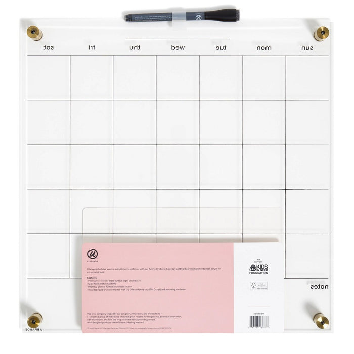 U Brands 16"x16" Acrylic Dry Erase Calendar with Gold Hardware