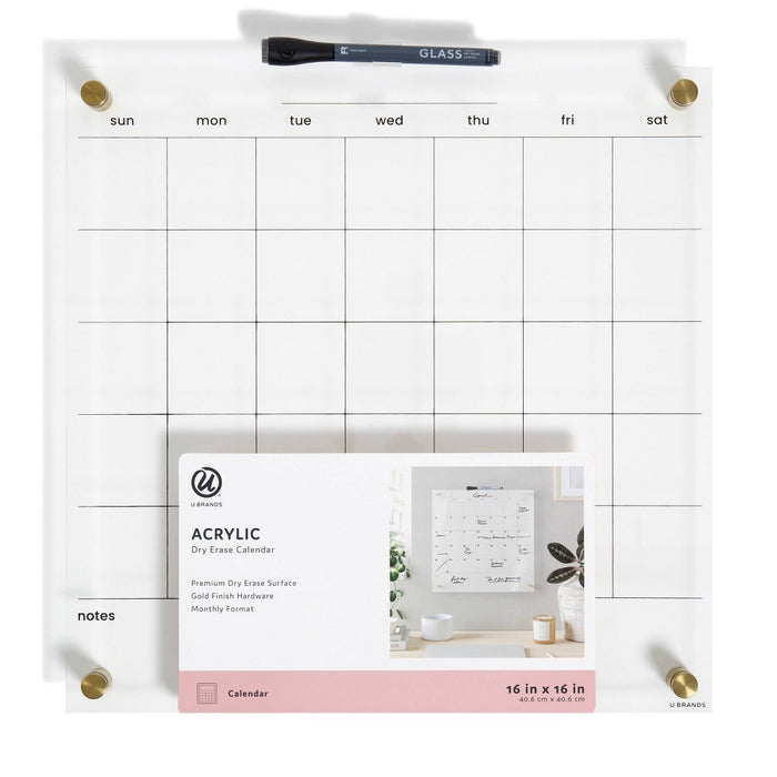 U Brands 16"x16" Acrylic Dry Erase Calendar with Gold Hardware