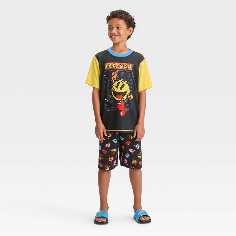 Boys' Pac-Man 2pc Short Sleeve Pajama Set with Slide Sandals - Black 6-7