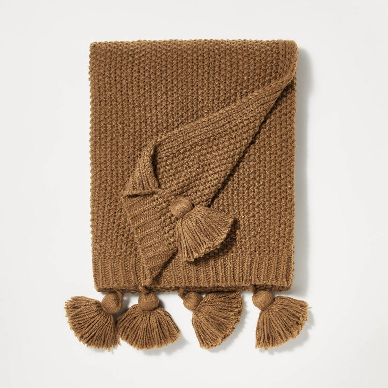 Knit Throw with Pom Tassels Throw Blanket Brown - Threshold designed with Studio McGee