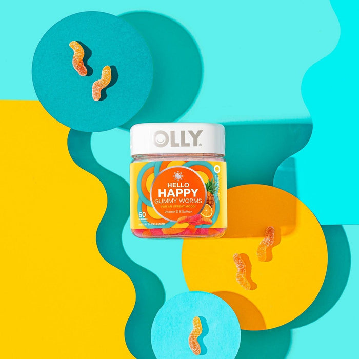 OLLY Hello Happy Gummy Worm Supplements - Vitamin D & Saffron - 60ct EXP: 12/24