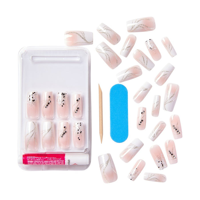 KISS Products Classy Premium Long Square Glue-On Fake Nails - Stunning! - 33ct